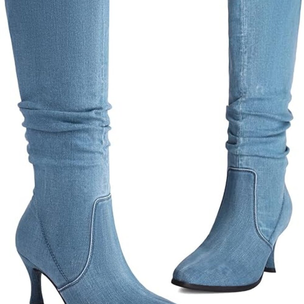 Denim and tan leather kitten heel mid calf boots